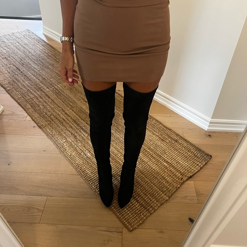 Stuart Weitzman Highland Suede Thigh Boot in black suede.